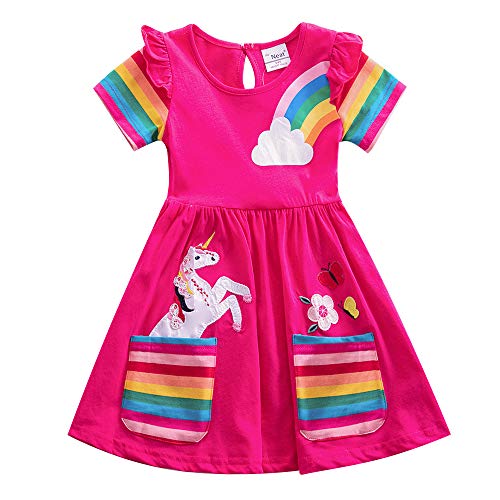 Toddler Cotton Girl Summer Short Sleeve Dress Rainbow Pony Cartoon for Girls 3-7 Years