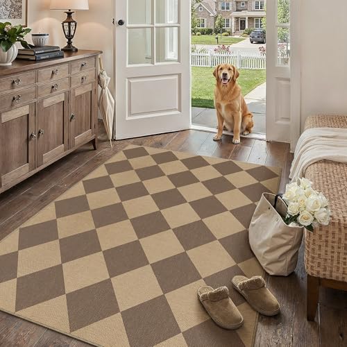 PureCozy 4x6 Checkered Easy Jute Area Rug for Living Room Checkerboard Washable Indoor Outdoor Carpet Farmhouse Patio Office Mat Geometric Non Slip Brown Carpet for Dorm Backyard Dining Room