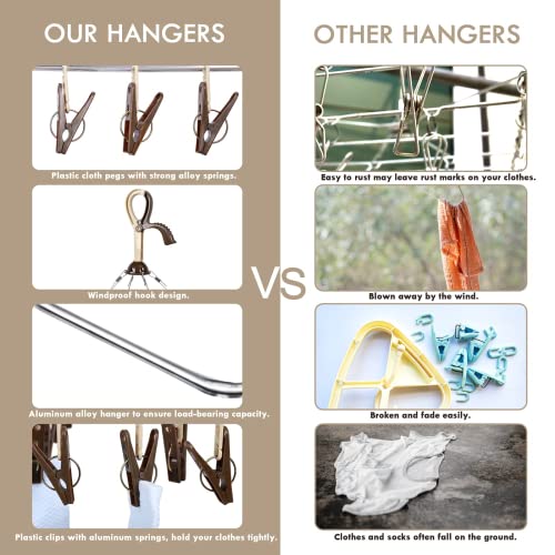 ANVINKU Aluminum 32 Pegs Folding Sock Drying Rack, Windproof Hook, Underwear & Baby Clothes Airer (Dark Brown) - Image 6