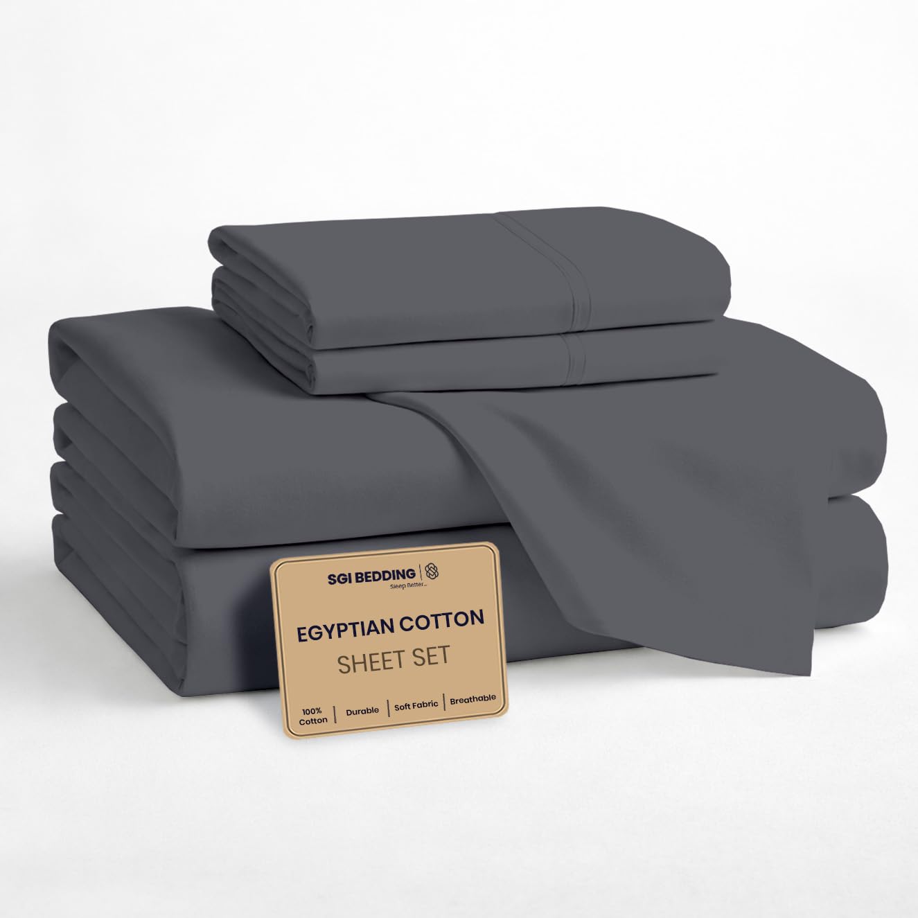 SGI bedding 100% Egyptian Cotton Sheets Full Size - Premium Luxury Hotel Sheet Set, Cooling &amp; Breathable, Ultra Soft, 15" Deep Pocket, 4 Piece Bedding Set, Dark Grey