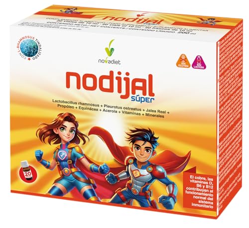 Novadiet - NODIJAL SUPER Formula Mejorada con Pleurotus Ostreatus, Jalea Real, Propóleo, Equinácea, Acerola, Vitaminas y Minerales, Ayuda Sistema Inmune y Etapa Crecimiento Niños - 20 Viales 10 ml