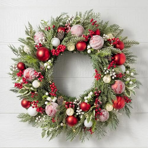 Corona de Navidad roja y blanca para decoración de puerta y pared, decoración navideña de 50 cm para ambiente festivo, perfecta para decoración navideña del hogar y celebraciones de temporada