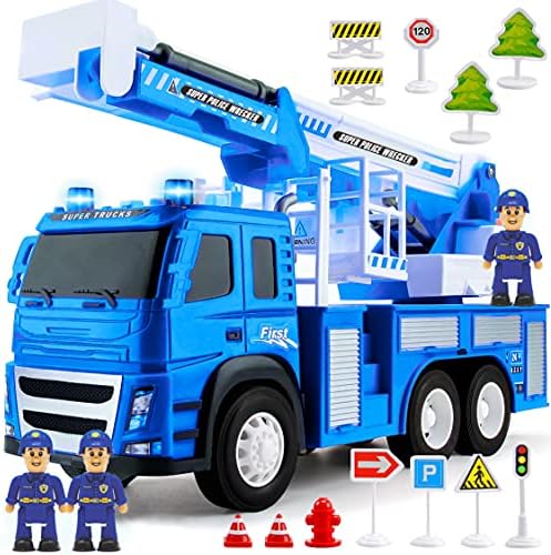 Police Truck Toy - 1:12 Scale Push and Go Realistic Vehicle Playset, 3 Law Enforcement Fire Trucks Action Figure, Extendable Ladder, Accessories w/ Lights Sounds for Kids 3 4 5 6 7 8 Year Old, Blue