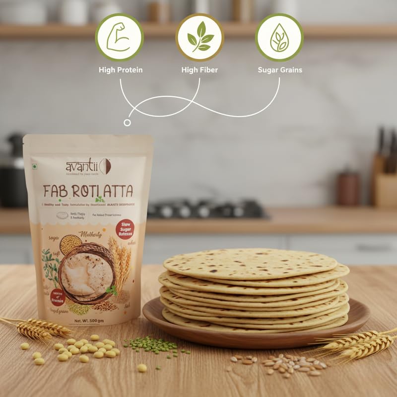 Image of Avantii Diabetic Fab Roti Atta | Soft Fluffy Rotis | High In Protein and Fiber | Flour | Breakfast | Instant Mix | Healthy Breakfast | 100% Natural Ingredients Each - 500g Pack of 2