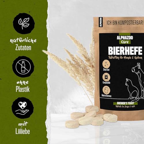 alphazoo Bierhefe Tabletten Hund & Katzen 120 Stück I Natürlicher Vitamin B Komplex gegen Haarausfall & Juckreiz I Biotin Fellpflege bei Schuppen, trockene Haut I Dauerhaft Krallen und Fell pflegen