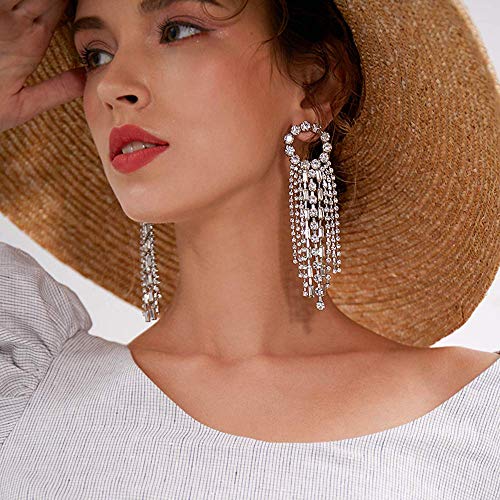 Fxmimior 2555 Fashion Women Earrings Silver Tassel Full Rhinestones Ring Long Chain Drop Dangle Earrings Jewelry thumb #3