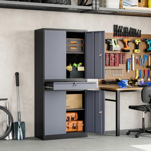 Image of Yizosh Metal Garage Storage Cabinet with Locking Doors and Adjustable Shelves, 71 inch Steel Tool Storage Cabinet with 1 Drawer for Garage,Office,Warehouse (Gray Black)