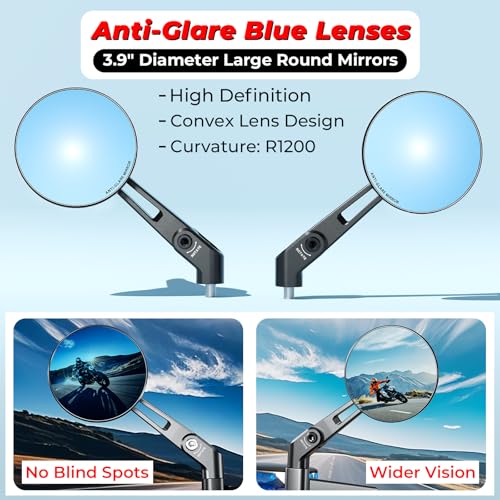 Image of VAZESWIN Aluminum Alloy Rainproof Foldable Motorcycle Mirrors & M8 M10 Bolt | CNC Machining HD Anti-Glare Blue Lenses Rear View Mirrors, Multi-Angle Adjustable for Motorcycle ATV Moped Scooter Cruiser