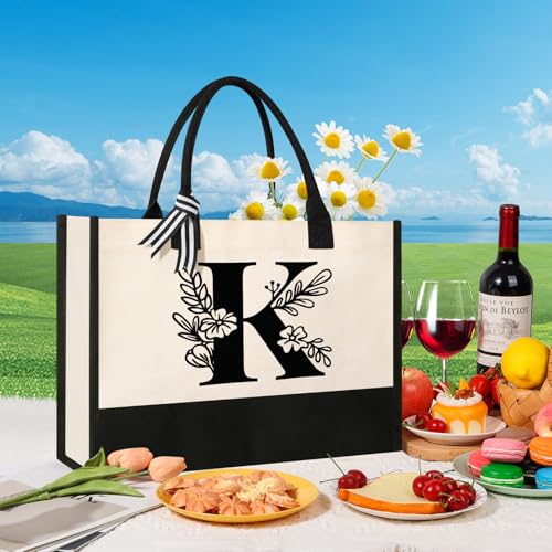Image of Tecanne Personalized Initial Canvas Tote Bag, Suitable for Birthday, Wedding, Beach, Holiday, Gifts for Women, Mom, Teachers, Nurses, Best Friends, Bridesmaids (K)