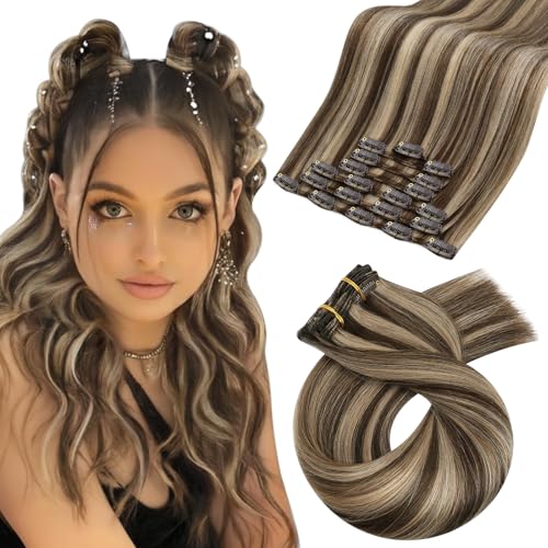 Image of Moresoo Clip in Hair Extensions Remy Double Weft Human Hair Clip in Extensions Straight Hair Extensions for Women Dark Brown Highlight with Caramel Blonde 7pcs 120g 24inch