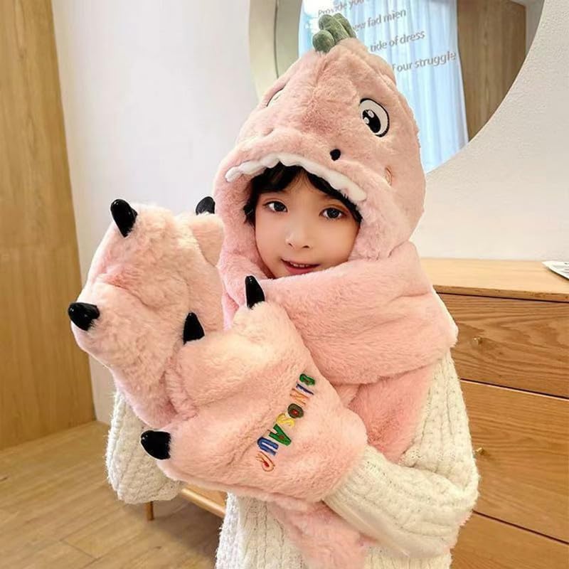 Richmen Winter 3 in 1 Hooded Scarf Hat Gloves Set Women Cute Woolen Cap for Boys Girls Long Thick Fleece Winter Integrated Hoodie Earflap Outdoor Dinasour Hats Kids L Pink(Above 12 Years) 2