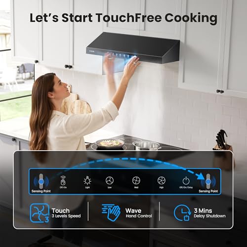 Image of VIKIO HOME 30 Inch Under Cabinet Range Hood 900 CFM, Dual Motor Powerful Kitchen Vent Hood, Gesture & Touch Control, Ultra Quiet DC Motor, Dishwasher-Safe Filters, LED Lights, Black