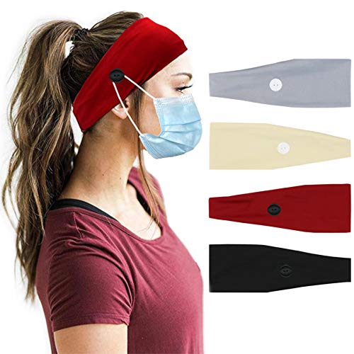 Womens Headband with Buttons for Face Mask Nurses Ear Saver Elastic Workout Hair Band Knotted Turban Head Wraps 4 Pack Solid