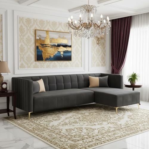 Image of SOCOZI Stylluxe 6 Seater Velvet Fabric RHS L Shape Sofa Set for Living Room |Fabric L Shape Sofa Set for Home & Office (Dark Grey)