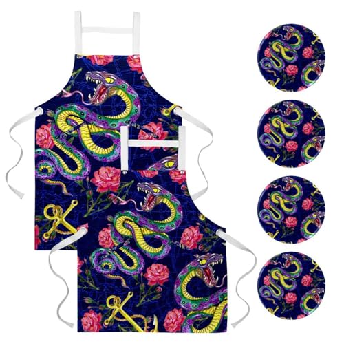 Lot de 2 tabliers aquarelle serpent et roses sur ancre pour la cuisine