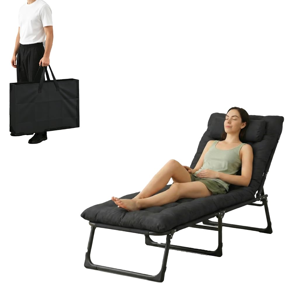 JAMK Folding Sun Lounger Bed Chair with Cushion and Bag with 3 Recline Positionsβ Extra Wide Portable & Foldable Sunbed with 10cm Breathable Oxford Fabric for Garden, Patio, Camping (Black, 1pcs)