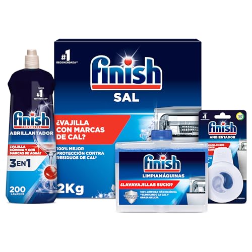 Finish Pack Aditivos Lavavajillas, Abrillantador 800ml + Sal Lavavajillas 2kg + Limpiamáquinas 250ml + Ambientador Odorstop