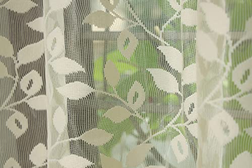 Image of Leaves Design Semi Transparent Window Curtain 5 feet Long Set of 2 pcs Drawing Room Parde | Pooja Room Curtain Panel | Sheer Curtain, Cream Color