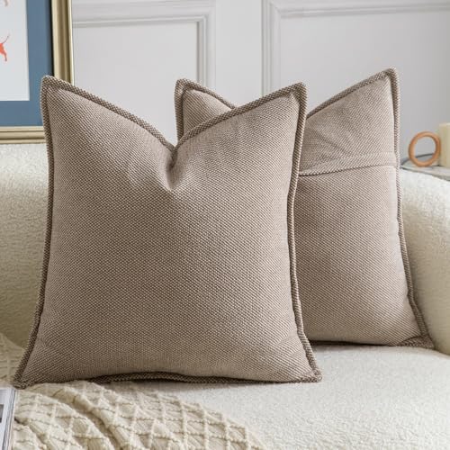 Madizz Lot de 2 Doux Housses de Coussin en Chenille avec Bordure Décorative pour Canapé Chambre à Coucher Salon Décoration Maison Moderne Taupe Clair 50x50...