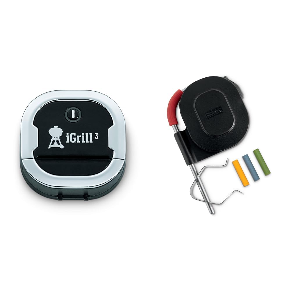 Weber 7205 iGrill 3 Thermometer, schwarz, 5,6 x 6,6 x 6,4cm, Grillthermometer, Grillassistent, Profigrillen & 7212 Messfühler für Grillkammer, schwarz
