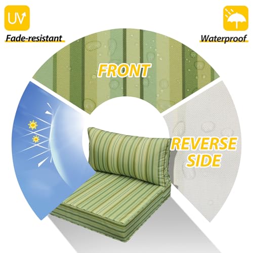 Image of AAAAAcessories Outdoor Seat Cushions for Chairs, Fade-Resistant, Waterproof Patio Furniture Replacement Cushions, 24 inch x 24 inch x 5 inch + 24 inch x 13.5 inch, Mossy Forest Stripe