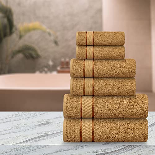 Bath Towels Set -100% Cotton-2 Bath Towels, 2 Hand Towels & 2 Washcloths- Large, Quick Dry, Absorbent, Plush, Soft-Home, Spa, Hotel, Pool, Shower - 6 Piece Luxury Bathroom Towels - Light Brown / Beige #TOP2