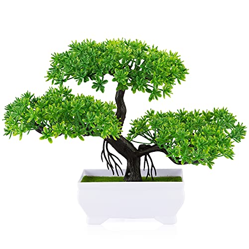 Frjjthchy Mini Artificial Bonsai Tree Plants with Plastic Cement Pots for Home Office D&eacute;cor (Green)