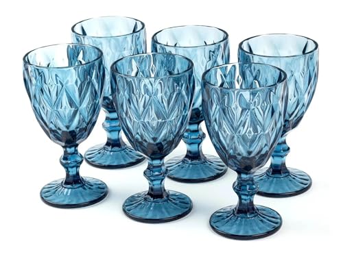 Jogo De 6 Taças Diamond Azul 300ml De Vidro Resistente Relevo De Diamante Mesa Posta Serve Agua Suco