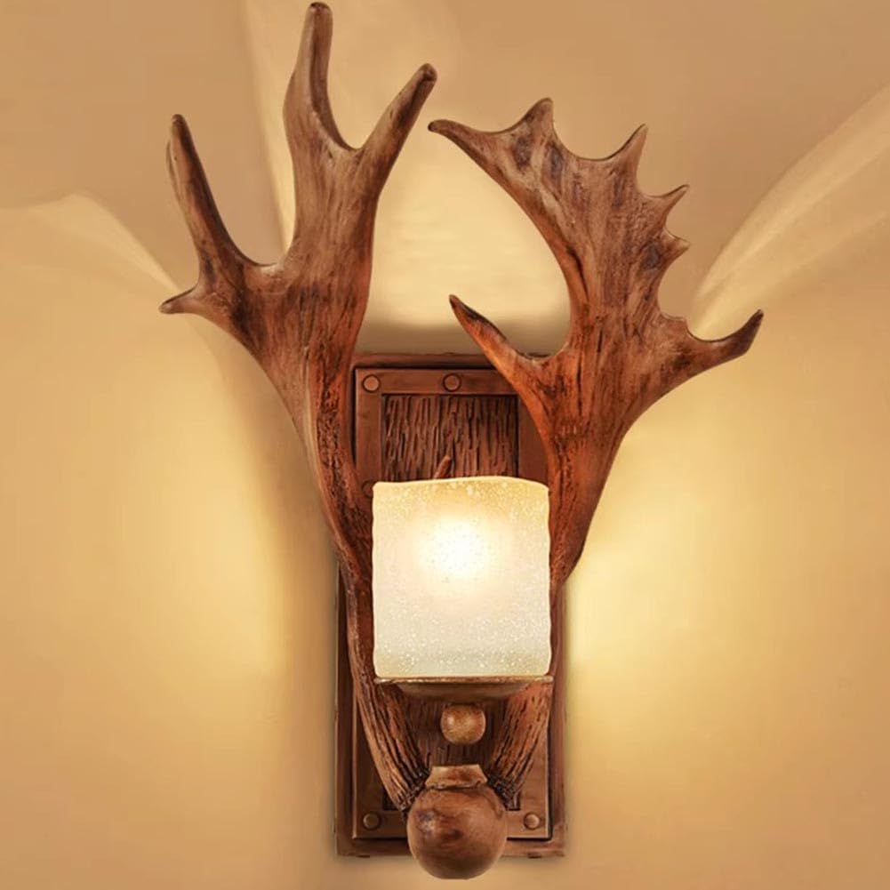 LOGT Vintage Wall Light Indoor Deer Horn Wall Lamp Retro Industrial Wall Sconce Creative Resin Antler Decorative Hallway Lantern Glass Shade Wall Lighting Country Style Lighting Lights for Living Room