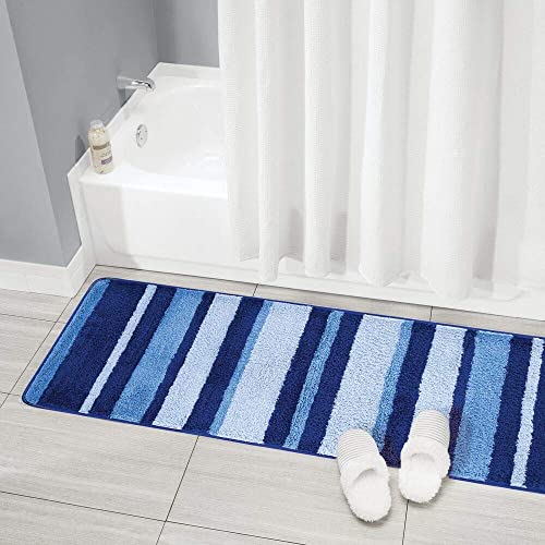 Mdesign Soft Microfiber Polyester Non-Slip Extra-Long Spa Mat/Runner, Plush Water Absorbent Accent Rug For Bathroom Vanity, Bathtub/Shower, Machine Washable - Striped Design, 60" X 21" - Blue #TOP1