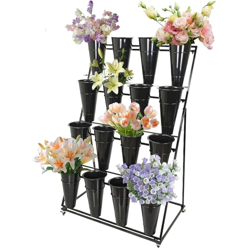 Soporte de exhibición de flores de metal con ruedas, soporte de hierro para plantas con cubos de plástico, estante de flores de 4 niveles para interiores y exteriores, jardín, patio, soporte de