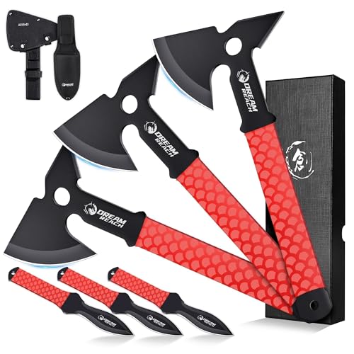 Dream Reach Throwing Axe Set - 6PCS Full Tang Throwing Hatchet with TPR Rubber Sleeve and Protective Sheaths for Recreation and Competition Game
