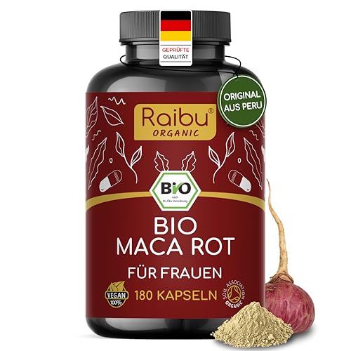 Bio Maca Rot, 180 Kapseln - 3.200 mg je Tagesdosis (entspricht 12.800 mg Maca-Wurzel aus Peru) Für Frauen - Mit natürlichem Vitamin C aus Acerola - Hochdosiert, vegan & laborgeprüft