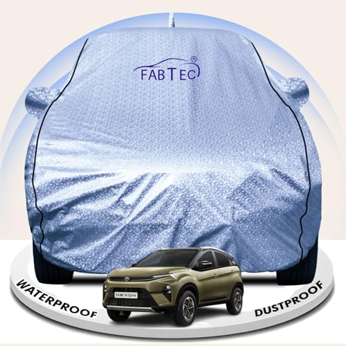 Image of FABTEC Metallic Silver Waterproof Car Body Cover for Tata Nexon New Sun, UV and Dust Protection with Mirror and Antenna Pocket (Reflective Silver with Black Piping)