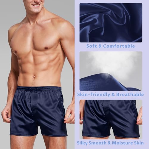 SIIK 100% Mulberry Silk Pajama Shorts for Men - Sleep Shorts, Pj Bottoms, Lounge Shorts, Boxer Shorts, Dark Blue3