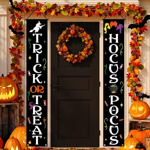 Halloween Decorations Trick or Treat Hocus Pocus Banner Porch Door Welcome Sign for Halloween Decorations Indoor Outdoor Wall Home Party