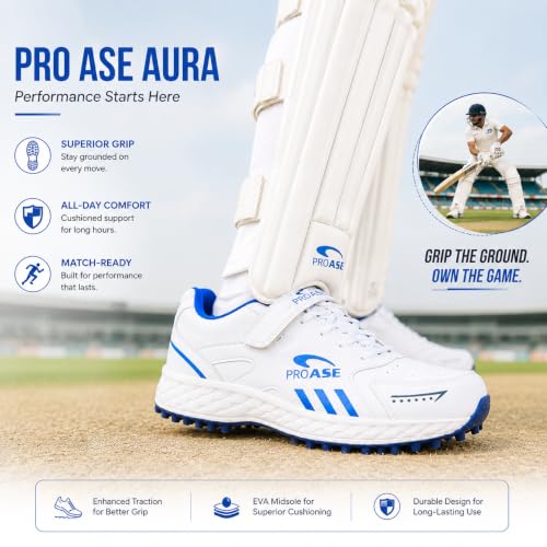 Image of Pro ASE Lightweight Cricket Shoes - Durable & Comfortable | Ideal for Turf, Ground & Hard Surfaces | Allrounder Design with Studs, Velcro & Superior Grip | White, Blue, Grey