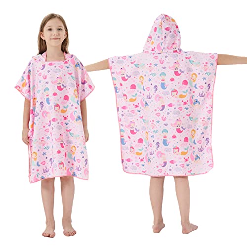 YINHANG Poncho Surf Bata de Baño para Niñas y Niños, Secado Rápido Microfibra Toalla de Playa con Capucha, Albornoz de Cambio de Piscina para Nadar, Hacer Surf, Viajar, Acampar (Sirena) Cover