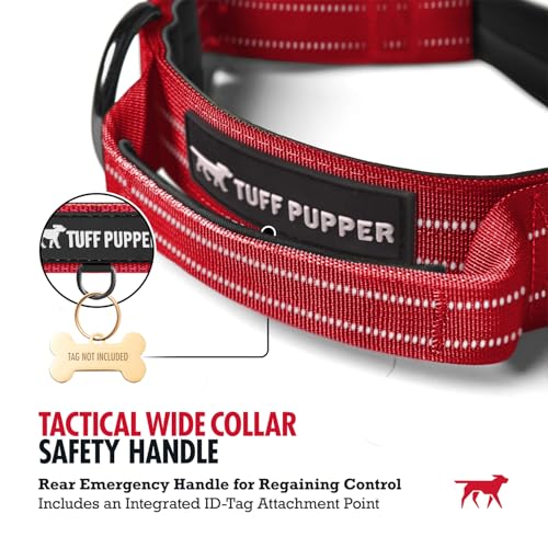 Image of Tuff Pupper Tactical Dog Collar | Heavy Duty 1.5 inch Wide Ballistic Nylon | Training Control Handle | Quick-Release Metal Buckle | Reflective Bands | ID Tag Holder | Padded Inner Lining (Red, Medium)