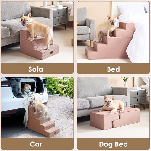 Image of EHEYCIGA Dog Stairs for Bed 25 inch H, 5-Step Extra Wide Dog Steps for High Bed, Pet Steps for Small Dogs and Cats, Non-Slip Balanced Pet Ramp Indoor, Pink