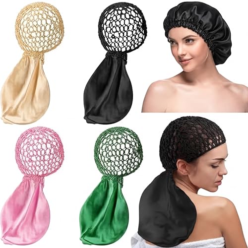 Tivi Tovo 4 Pcs 2 in 1 Wrap Cap Bonnet Reversible Band Silk Hair Wrap Cap Satin Sleeping Bonnet Double Net Band for Women Curly Braided