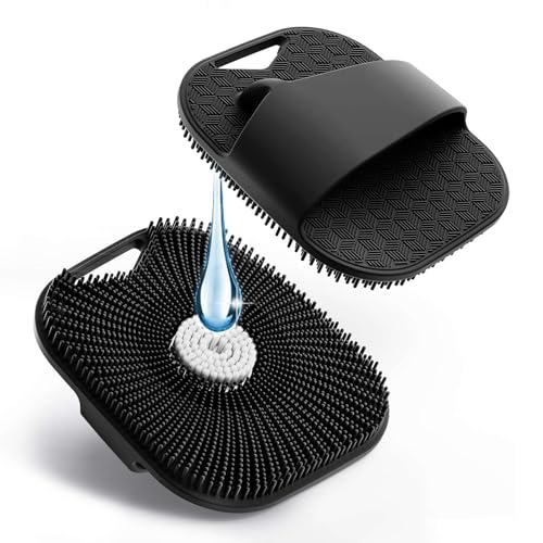 Silicone Body Scrubber for Men Women Friendly Shower Scrubber for Sensitive Skin Silicone Loofah Body Scrubber for Showering with Richer Foam Bristles and Anti-Slippery Handle Black