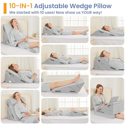 Image of Sasttie Wedge Pillow Set for After Surgery, 2PCS Adjustable Bed Wedge Pillow Headboard with Memory Foam Neck Cushion - for Acid Reflux, Sleeping, Neck & Back Support, Light Grey