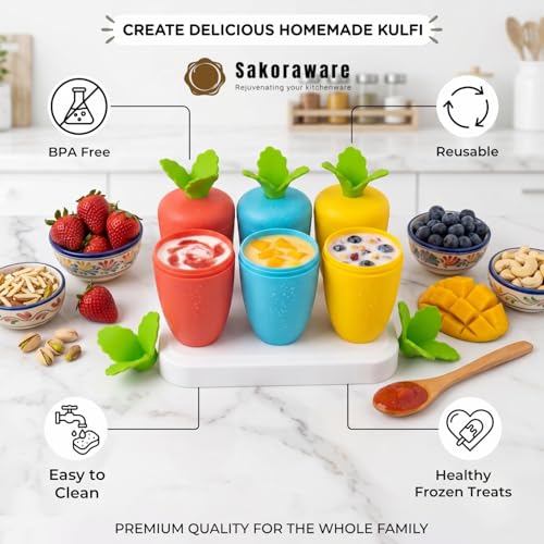 Image of Sakoraware 6 Pcs Kulfi Maker Mould Set with Stand Reusable Ice Cream Popsicle Mold BPA Free Food Grade Pop Mold Homemade Frozen Treat & Dessert Maker
