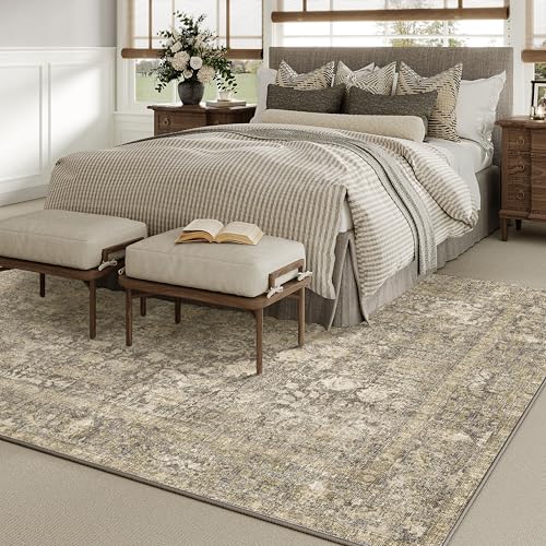 Brown Area Rug 9x12 Machine Washable Large Vintage Living Room Distressed Non Slip Carpet Traditional Indoor Bedroom Retro Floral Accent Throw Rug for Office Kitchen Dining Room