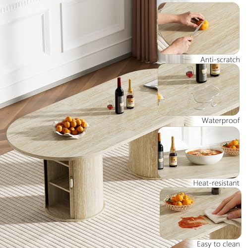 Image of 63 inch-94 inch Large Oval Extendable Dining Table for 6 8 10, Faux Travertine Expandable Kitchen Table with Fluted Cylindrical Storage Base, Modern Farmhouse Expanding Table for Dinner Party Family Gathering
