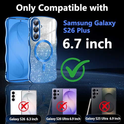 Meshine for Galaxy S26 Plus Case,[Compatible with MagSafe][Built-in Camera Lens] Magnetic Curly Wavy Frame Shockproof Shiny Cute for Women Girls Cover for Samsung Galaxy S26 Plus,Glitter Deep Blue - image 2