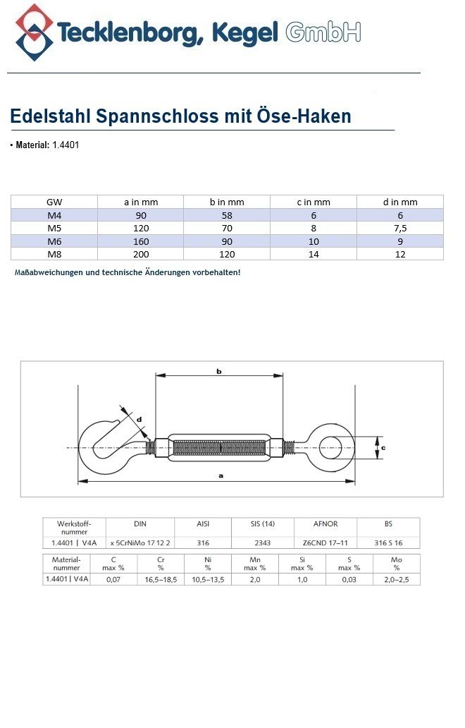 5 x Edelstahl Spannschloss, M8, mit Öse und Haken | Niro, rostfrei, poliert, V4A AISI 316 – Tecklenborg, Kegel GmbH