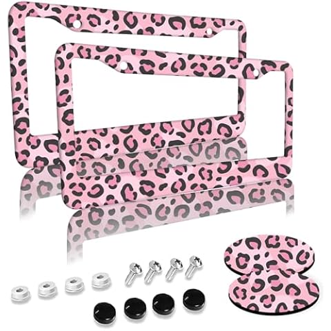 2PCS Pink Leopard Print License Plate Frames - 2 Holes Screw Cap Accessories Solid Rust-Resistant Aluminum Brackets with Car Coasters 2 Pieces Suitable for Men and Women Gifts Cover