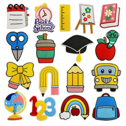 17PCS Back to School Iron on Patches Set Teacher Iron on Patches Classroom Supplies Embroidered Repair Patches for Clothes.Custom Applique for Hats Jeans Jackets Bags Backpacks Clothes DIY Craft